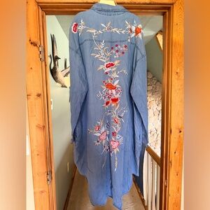 Blue Velvet Floral Embroidered Denim Button-Up Shirt Dress